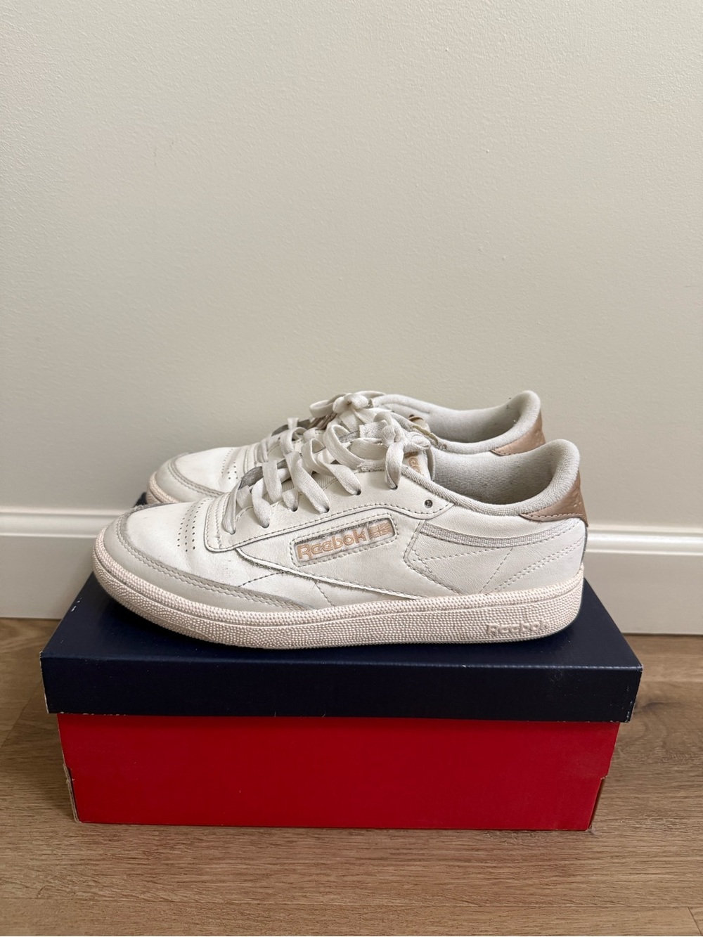 Reebok Leather Sneakers in Off-White and Tan Accents